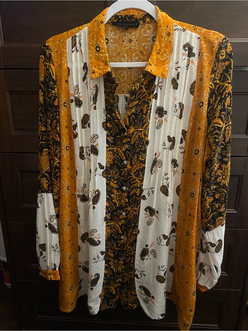 Jane and Delancey Mustard, Black & Cream Paisley Panel Button-Down Shirt